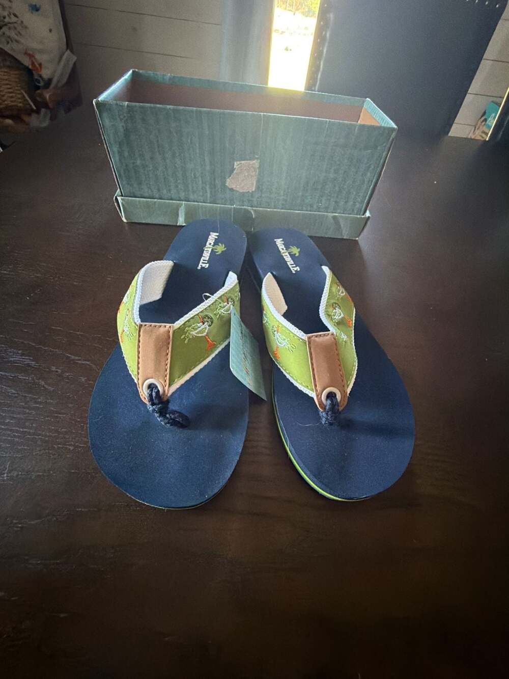 Margaritaville Flip Flops Green Navy Margarita Drink Embroidery New with Box